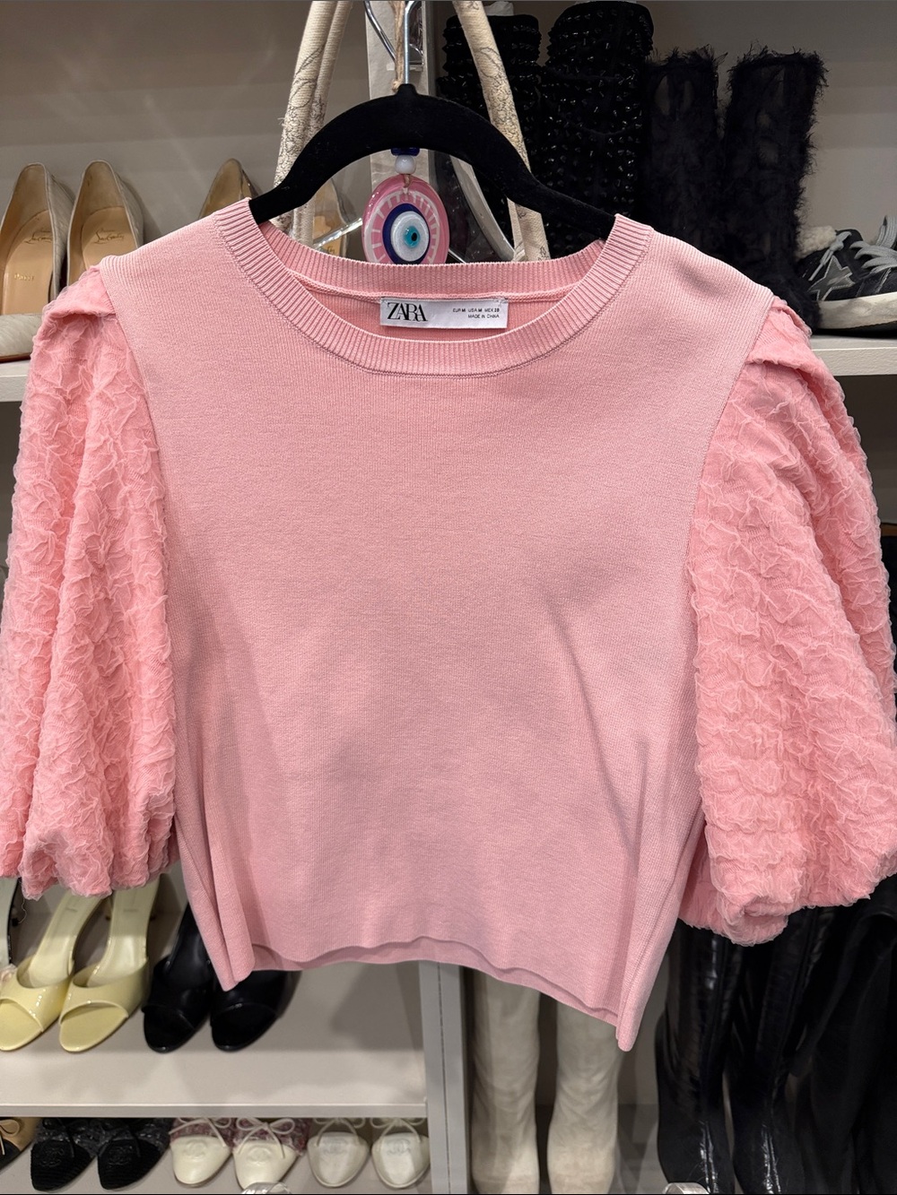 Zara Light Pink Puff-Sleeve Knit Top